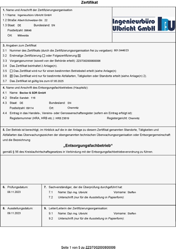 Zertifikat Entsorgungsfachbetrieb Efb der Becker & SDR GmbH