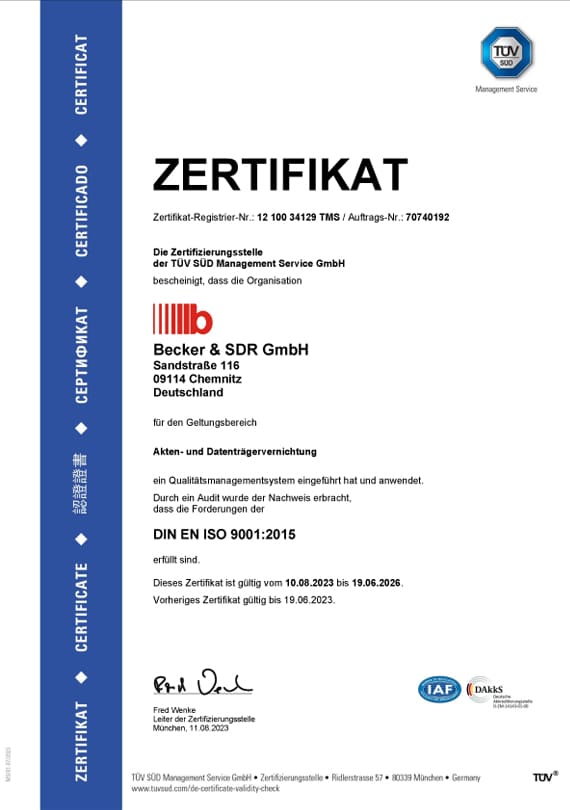 Zertifikat Aktenvernichtung DIN EN ISO 9001:2015 der Becker & SDR GmbH