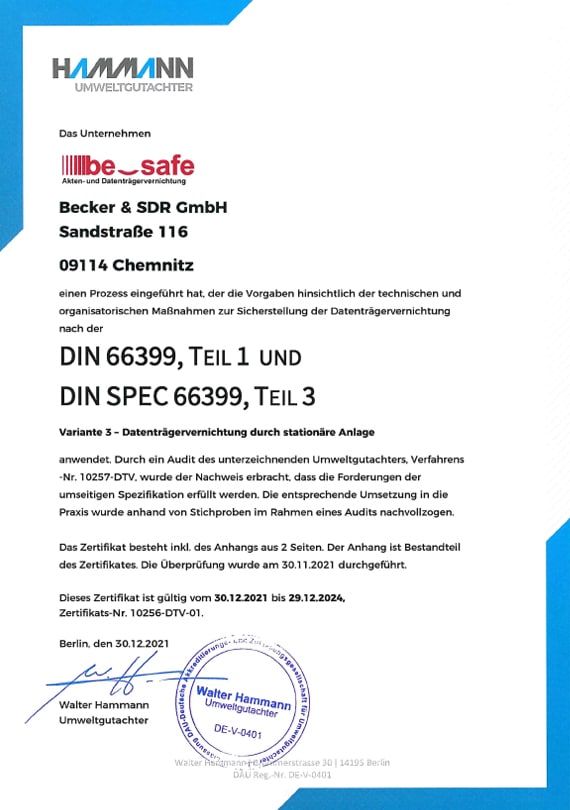 Zertifikat DIN 66399 Datenträgervernichtung (stationäre Anlage) der Becker & SDR GmbH